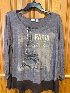 Cato Paris Graphic Long-Sleeve Scoop Neck Top in Brown